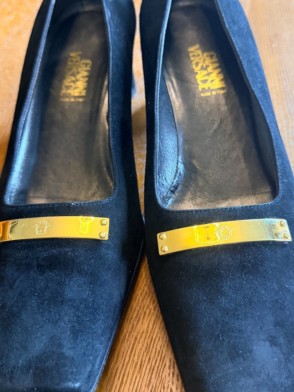 Versace Black Suede Heels with Gold Logo Bar